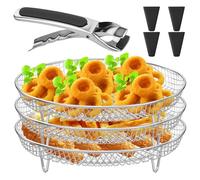 Griglia rotonda per friggitrice ad aria a 3 strati, accessori impilabili in acciaio inox, vassoio per friggitrice ad aria, vassoio per pancetta, con 1 clip e 1 clip, multistrato, per cottura al