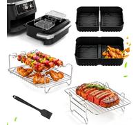 Griglia Set per Friggitrice ad Aria per Ninja AF500EU / COSORI 10L, 6 Pezzi | Accessori Air Fryer, Griglia in Acciaio Inox, Impilabile con 3 Spiedini, Teglia Stampo Silicone per Friggitrice ad Aria