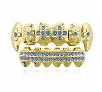 Griglie di Diamanti Placcate in Oro 18 Carati, Denti Superiori Placcati in con Zanna Vampiro Dracula, Croci Ghiaccio(Gold blue)