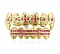 Griglie di Diamanti Placcate in Oro 18 Carati, Denti Superiori Placcati in con Zanna Vampiro Dracula, Croci Ghiaccio(Gold pink)