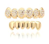 Griglie di Diamanti Placcate in Oro 18 Carati, Denti Superiori Placcati in con Zanna Vampiro Dracula, Croci Ghiaccio(Gold)