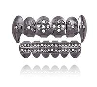 Griglie di Diamanti Placcate in Oro 18 Carati, Denti Superiori Placcati in con Zanna Vampiro Dracula, Croci Ghiaccio(Black)