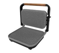 Cecotec Griglia Elettrica Rock'Ngrill 1300 Wood B. Potenza 1300W, Design Nero, Rivestimento Rockstone, Base Antiscivolo, Piastra Galleggiante, Indicatore Luminoso, Manico in Legno, Versatilità