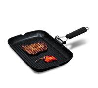 briebe Black Titanium Grill Steakhouse Strisce, Induzione, Antiaderente Titanio, Padella Ferro da stiro, 34 x 24 cm, Alluminio pressofuso senza PFOA, Manico pieghevole, adatto piano cottura, gas