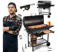 Grill & Chill Barbecue a Carbone 71×35 cm - Coperchio con Termometro, Ripiani Pieghevoli, Cassetto Cenere - Ruote per Giardino - Acciaio Nero - GC0002