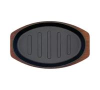 Grill Pan - 10 Inch Oval BBQ Cast Iron Serving Platter with Wooden Base
