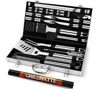 Grilliance Set di 26 accessori per barbecue in acciaio inox di alta qualità, set di posate da barbecue, perfetto come regalo per uomini, con valigetta portatile e termometro per carne, colore argento