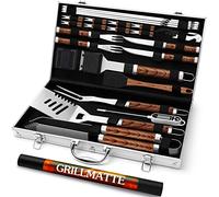Grilliance Set di 26 accessori per barbecue in acciaio inox di alta qualità, set di posate da barbecue, perfetto come regalo per uomini, con valigetta portatile e termometro per carne, colore marrone