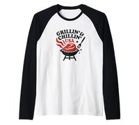 Grillin' & Chillin' USA BBQ 4 luglio Grill Backyard Party Maglia con Maniche Raglan