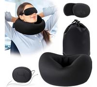 Grillix Nero Neck Pillow Travel Inflatable, Cuscino da Viaggio Ergonomico, Kit in Memory Foam, con Velcro e Sacchetto per la Conservazione, Compatto e Leggero, Quick Pack per Campeggio, Sonno