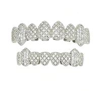 Grillz a 8 Denti con Zanne in Ottone e Zirconi Cubici, Stile Vampiro Hip-hop per Feste e Rapper.(Silver)
