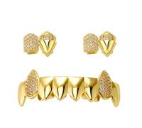 Grillz Canini Vampiro Zanne, 18K Placcato Oro e Argento Microincastonati, Gioiello Hip-Hop Unisex Regalo Decorativo per Uomo e Donna(Gold)