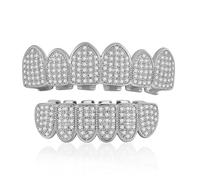 Grillz - Griglie dorate per i tuoi denti finti denti da vampiro con diamanti e cristalli, set di denti falsi in metallo placcato oro 18 K, per costume hip hop, rapper, gotico, Halloween, vampiro