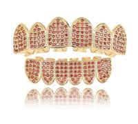 Grillz Multicolore Arcobaleno, Denti Placcati in Oro 18 Carati con Cappuccio Superiore e Inferiore Ghiacciato, Set di Griglie per Bocca Eleganti(Red)