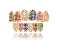 Grillz Multicolore Arcobaleno, Denti Placcati in Oro 18 Carati con Cappuccio Superiore e Inferiore Ghiacciato, Set di Griglie per Bocca Eleganti(Multicolor)