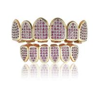 Grillz Multicolore Arcobaleno, Denti Placcati in Oro 18 Carati con Cappuccio Superiore e Inferiore Ghiacciato, Set di Griglie per Bocca Eleganti(Purple)