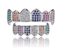 Grillz Multicolore Arcobaleno, Denti Placcati in Oro 18 Carati con Cappuccio Superiore e Inferiore Ghiacciato, Set di Griglie per Bocca Eleganti(Multicolor 2)