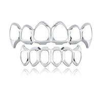 Grillz Placcati in Oro, Grillz a Faccia Aperta, Denti Superiori e Inferiori, Griglie Denti Vampiro, Griglie per Denti Hip Hop Uomini Donne(Silver)