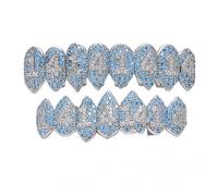 Grillz placcato in oro 18 carati con zirconi cubici blu con 1414 lettere 8 bretelle, griglie superiori e inferiori per i tuoi denti, unisex, gioielli hip hop, per Halloween, one size, Ottone, Nessuna