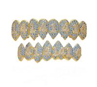 Grillz placcato in oro 18 carati con zirconi cubici blu con 1414 lettere 8 bretelle, griglie superiori e inferiori per i tuoi denti, unisex, gioielli hip hop, per Halloween, one size, Ottone, Nessuna