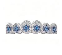 Grillz Stella Diamante Blu Sei Denti, Microincastonati 18K Placcato Oro e Argento, Gioiello Hip-Hop Unisex Regalo Decorativo per Uomo e Donna(Silver,Upper teeth)