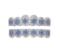 Grillz Stella Diamante Blu Sei Denti, Microincastonati 18K Placcato Oro e Argento, Gioiello Hip-Hop Unisex Regalo Decorativo per Uomo e Donna(Silver,Set)