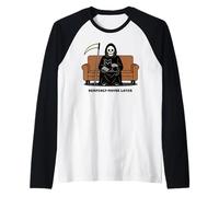 Grim Reaper Gatto Nero Seduto sul Giro La Morte può Aspettare Divertente Maglia con Maniche Raglan