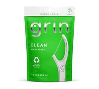 Grin Clean Flosspyx Filo interdentale, 75 pezzi, gusto menta, plastica riciclata, super resistente, per denti stretti, testina più lunga di alta qualità, include scovolino pieghevole sicuro