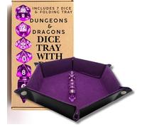 Grinning Gargoyle - Vassoio esagonale viola D&D per giochi da tavolo con un set completo di 7 dadi gemma poliedrici - Dungeons and Dragons pieghevole in pelle PU spessa e velluto di qualità