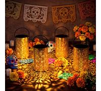 Grinsvalley 4 luci notturne a forma di calendula del giorno dei morti Dia De Los Muertos, a LED, senza fili, con manico, per tavolo, giardino, cortile, prato, messicano, casa, esterni, ornamenti di