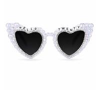 Grion Occhiali da sole a forma di cuore con scritta Hello Twenty, per festa del 20° compleanno, eleganti occhiali con lenti nere impreziosite con perle e strass per oggetti di scena fotografici