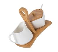 GRIRIW Set Zuccheriera e Lattiera in Ceramica Bianca con Cucchiaio e Manico in Legno Contenitori per Condimenti Resistenti a Microonde e Lavastoviglie per Tè e Uso Quotidiano in Cucina