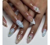 GRITOSE 24 Unghie finte a mandorla blu, di medie dimensioni, con punta francese e design 3D a onde d'acqua e fiori estivi. Unghie acriliche fatte a mano, finte e adesive da donna.