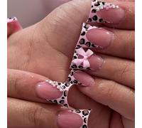 GRITOSE 24 unghie finte corte con motivo leopardo rosa, punta francese e fiocco di strass, riutilizzabili, fatte a mano.