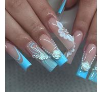 GRITOSE 24 unghie finte lunghe tipo bara con colla, stile ballerino, con punta francese blu e motivi floreali 3D, unghie finte estive con fiori, acrilico lucido e adesivo per