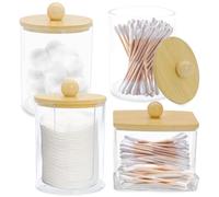 Griwuut 4 Pezzi Porta Cotton Fioc Organizzatore Acrilico Trasparente con Coperchio in Bambù per Dischetti Cotone Batuffoli Cotone Tamponi Cosmetic Spugnette Trucco Bagno