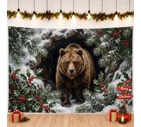 Grizzly Bear Winter Forest Scene Christmas Backdrop Banner 210,8 x 149,9 cm | Paesaggio della foresta invernale, sfondo fotografico, estetica rustica, tema fauna selvatica, rami di pino con agrifoglio