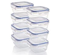 Grizzly set contenitori per alimenti in plastica, 8 contenitori con coperchio, quadrati, impilabili, lavabili nel microonde e in lavastoviglie
