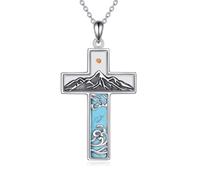 Grmdit Collana con ciondolo a forma di croce con semi di senape, in argento Sterling S925, turchese, collana con ciondolo a forma di montagna, gioielli religiosi, fede, regalo per donne, medio