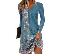 GRMLRPT Abito Donna Manica Lunga Abito a Collo`V Estivo Autunno Floreale Bohémien Abito Casual Mini Stampa Tunica Allentata (Blu,M)