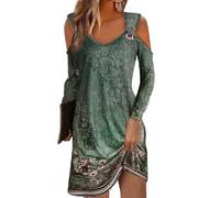 GRMLRPT Abito Donna Vestito Casual Spalla Scoperta Elegante Stampa Floreale Maniche Lunghi Fibbia in Metallo Abito per Primaverao(Verde,XL)