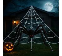 GRO VITS - Set di decorazioni per Halloween, 500 cm, triangolo gigante ragnatela con 5 picchetti di fissaggio e grande ragno peloso nero da 100 cm, oggetti di scena spaventosi per Halloween per casa