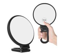 GROFIS 15X/1X Bifacciale Specchio Ingranditore, Specchietto con Manico Pieghevole, Rotondo Specchio Portatile, Specchio da Viaggio, Specchio Trucco per Make Up Spennare le Sopracciglia