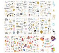 GROFIS 347 Adesivi di Compleanno, Birthday Stickers per Libri Degli Ospiti di Compleanno, 8 Fogli Adesivi Disegnati a Mano, Adesivi Compleanno per Album di Foto Libro degli Ospiti, Biglietti, Regali