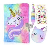 GROFIS Set di 4 Unicorno Diario Segreto Bambina, Diario in Peluche con Lucchetto, 160pag Reversibile Taccuino A5 a Righe, Quaderno con Unicorno Portamonete, Penna, Adesivi, Regalo per Ragazze Bambini