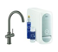Grohe Blue Home C-spout Starter Kit 31455 Miscelatore monocomando per lavello con funzione di filtro, con raffreddatore e WIFI, colorazione: grafite dura spazzolata
