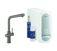 Grohe Blue Home Mitigeur monocommandé pour évier Starter Kit, portée 221mm, bec en L, avec fonction filtre et refroidissement, 31454AL1, 31454AL1, Colorazione: grafite dura spazzolata
