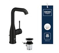GROHE Essence Miscelatore Lavabo con Set Scarico Pop-Up (Taglia L 244 mm, Bocca Alta Girevole Regolabile, Leva Metallica, Cartuccia Ceramica 28 mm, Attacchi 3/8 Pollici), Nero Opaco