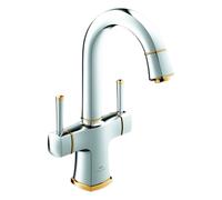 Grohe Grandera robinet de lavabo à deux poignées, L-Size, saillie 156mm, vidage à tirette, orientable, 20666IG0, 20666IG0, Colorazione: Cromo / Oro