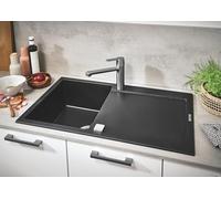 GROHE K500 Lavello da cucina in quarzo composito nero granite, 1 vasca 347 x 440 x 200 mm, Dimensioni standard 86 x 50 cm e rubinetto da cucina GROHE Get Supersteel Dimensioni 20 cm